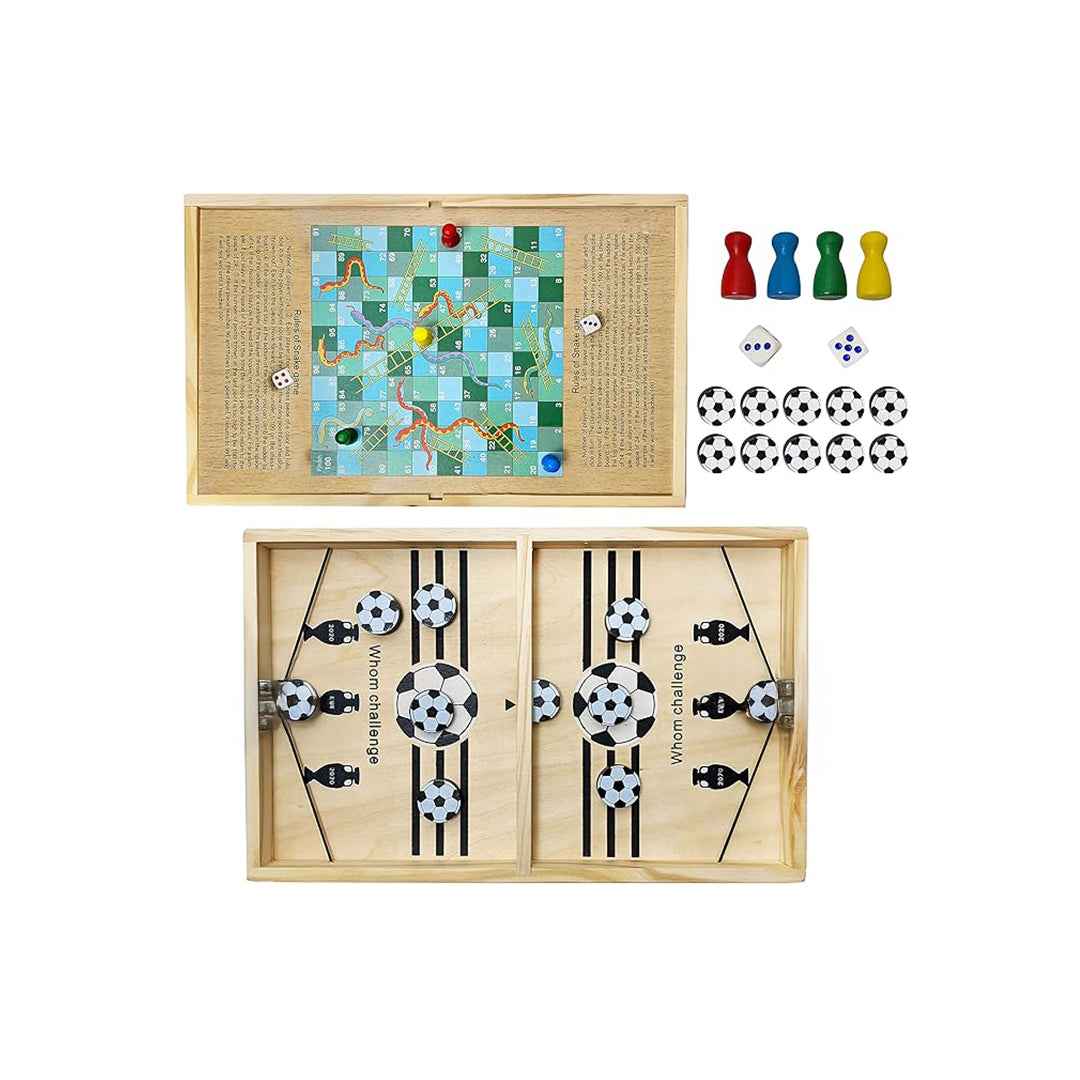 Wooden Tabletop Board Game for Kids: 2-in-1 Slingshot Puck Soccer & Snakes and Ladders