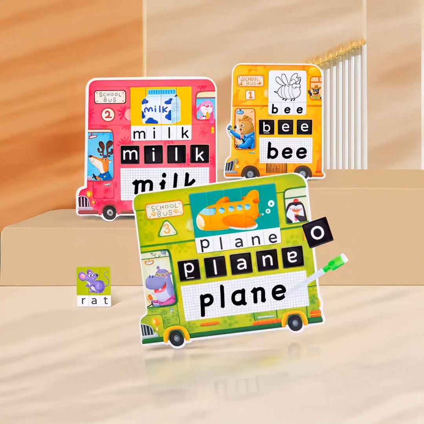 4-in-1 Preschool Educational English Learning Toy - Animal Cognitive Bus with Word Spelling and Writing Board