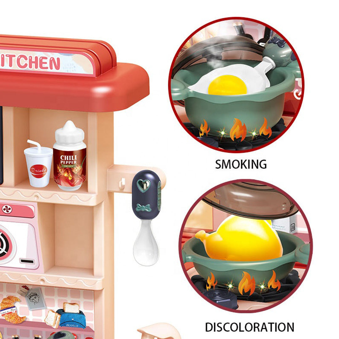 The 43-Piece Kids Toy Kitchen Set in Pink showing the steam and water function.
