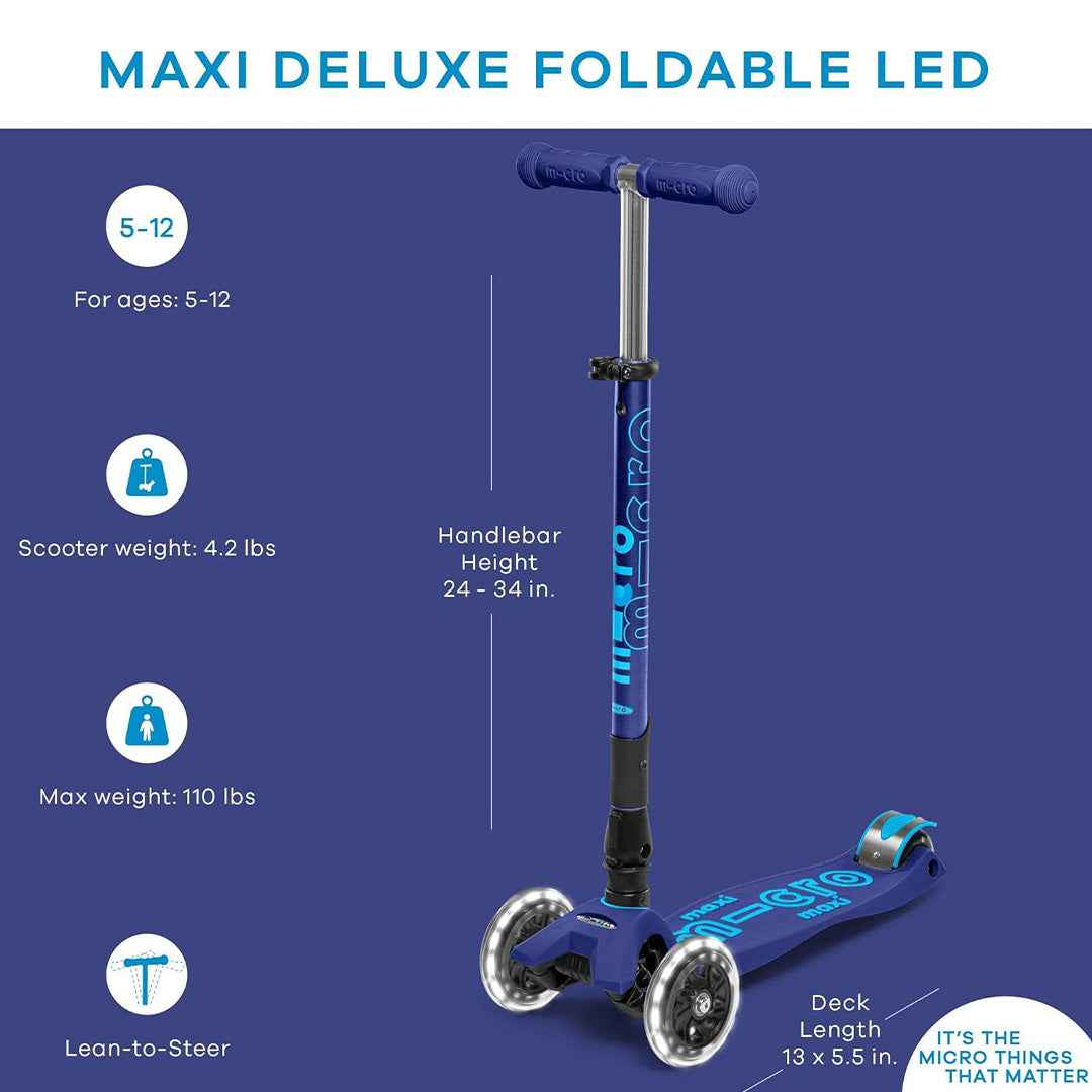 Micro Maxi Deluxe Foldable LED Scooter - Navy Blue | Premium Kick