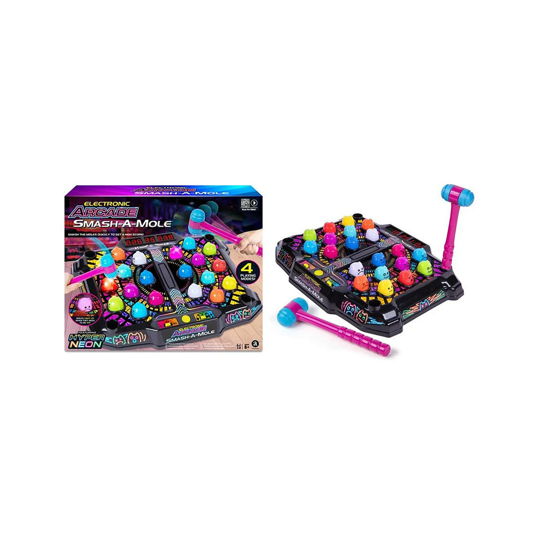 The Electronic Arcade Smash-A-Mole game set up with colourful moles and the LED scoreboard
