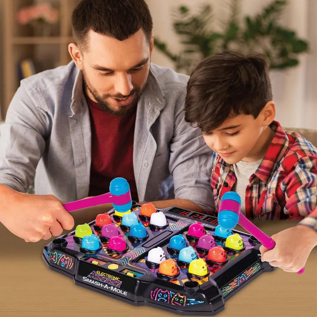 A child rapidly using the mallet to smash them with your mallet to score a mole that has lit up
