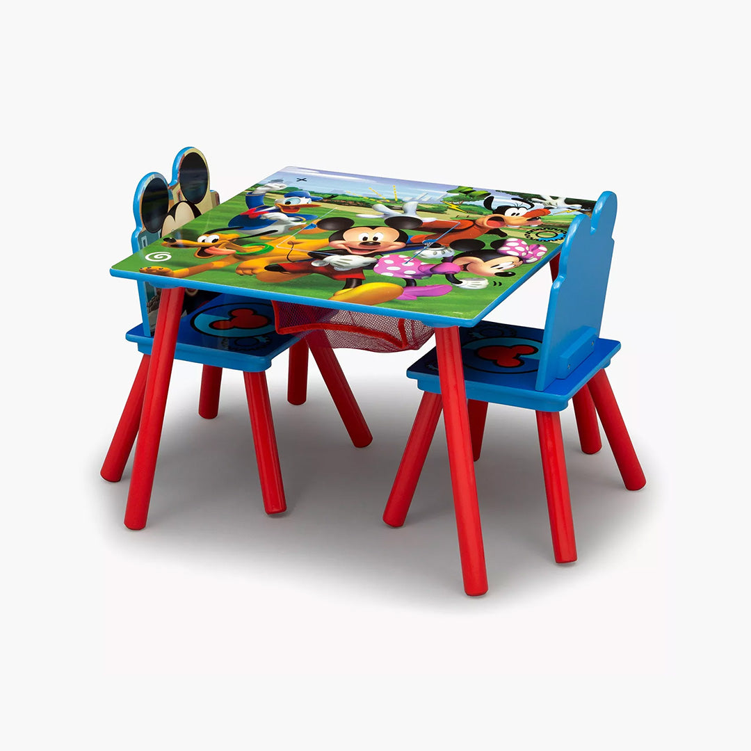 A complete view of the square table and two chairs featuring bright Mickey Mouse graphics and a blue and red color scheme.