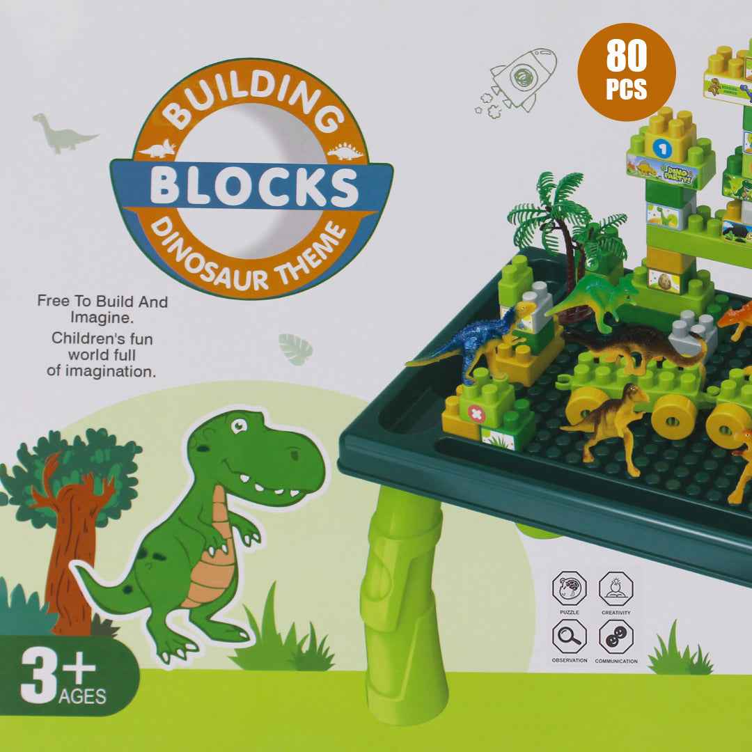 Dinosaur Building Blocks Activity Table - 80 Piece Playset for Kids