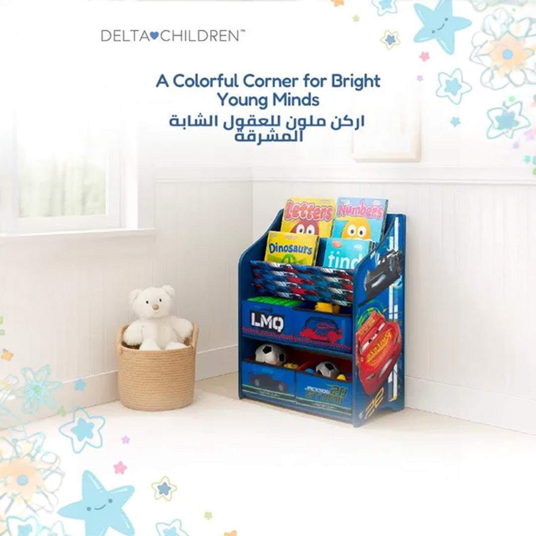 The empty storage unit, showing the structure of the engineered wood frame and the layout of the fabric shelves and bins.