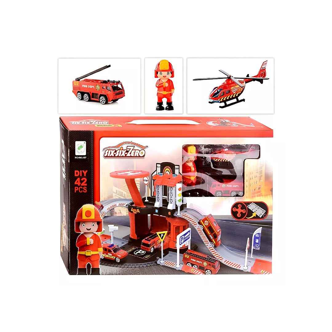 Fire Station Track DIY Playset with Vehicles - 42 Piece Firefighter Toy for Kids