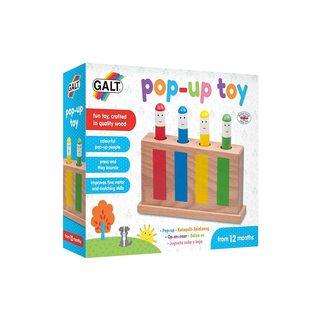 The Galt Toys Pop-Up Activity Toy showing the full wooden toy with all 4 figures down