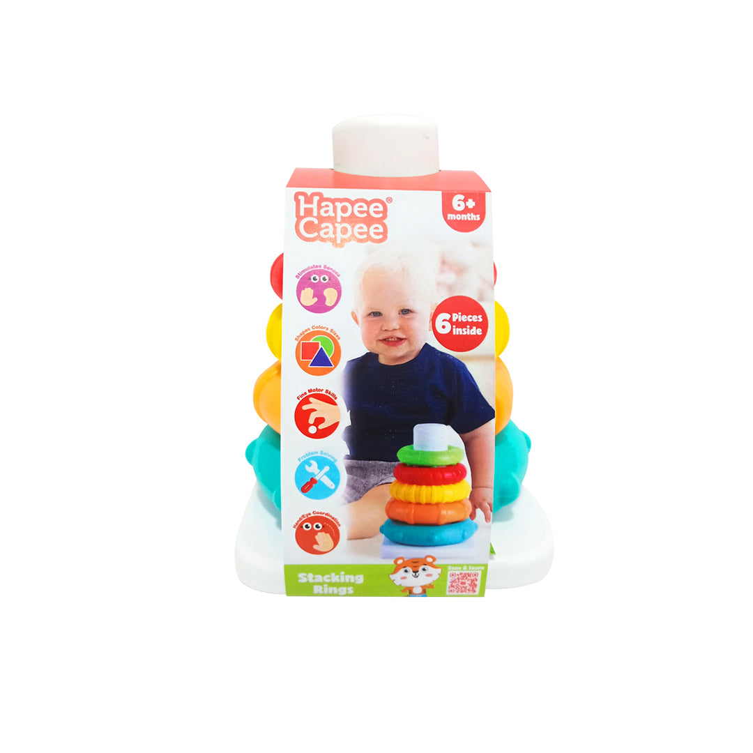 Close-up of the colorful rings in the HapeeCapee Stacking Rings toy
