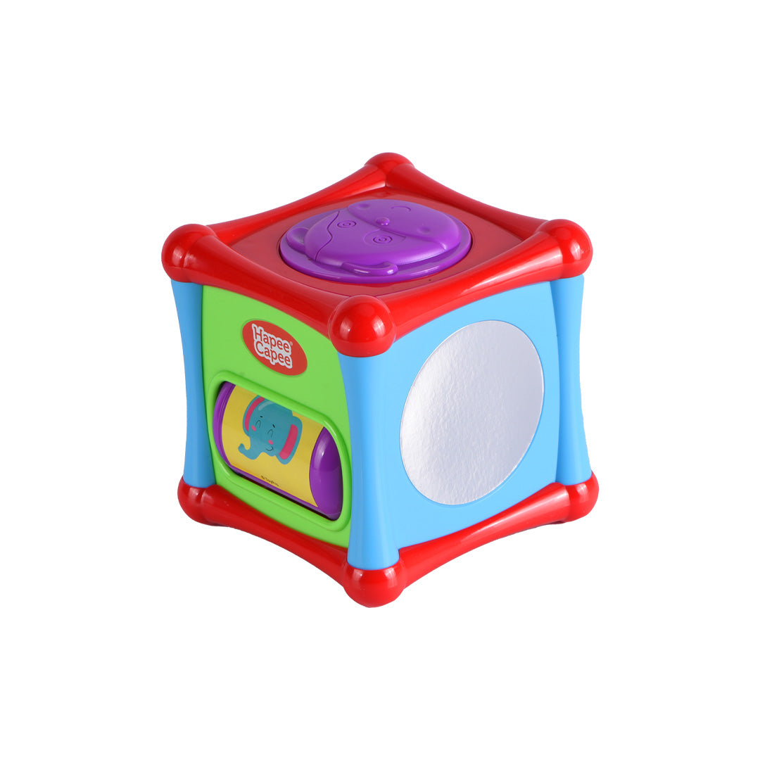 Close-up of the interactive elements on the Hapee Capee Activity Cube