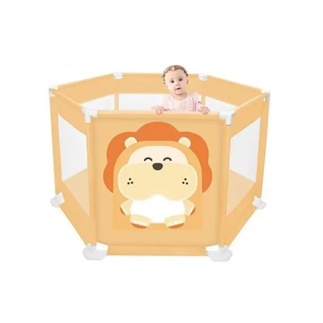 Portable baby safety fence with mesh walls for screen-free play.