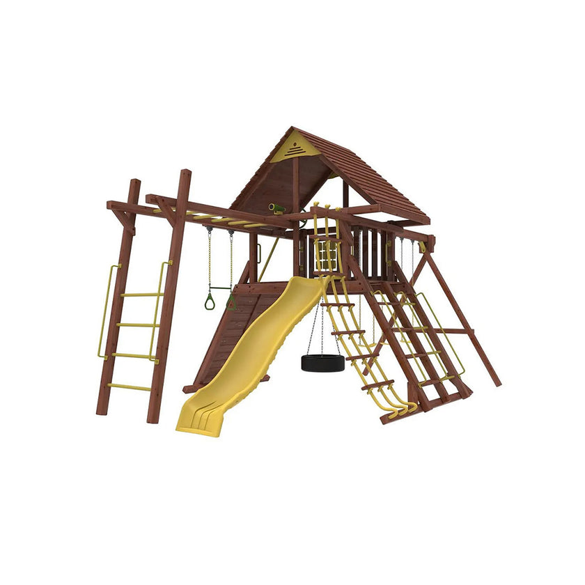 Kiddoro Discovery Den Swing Set | Wooden Outdoor Playground with Monkey Bars