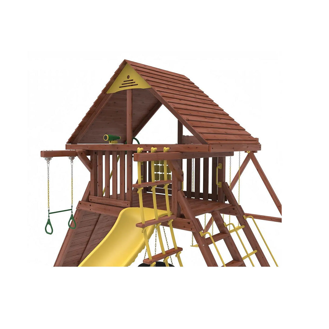 The swing set viewed from the wave slide, showing the sturdy wooden roof
