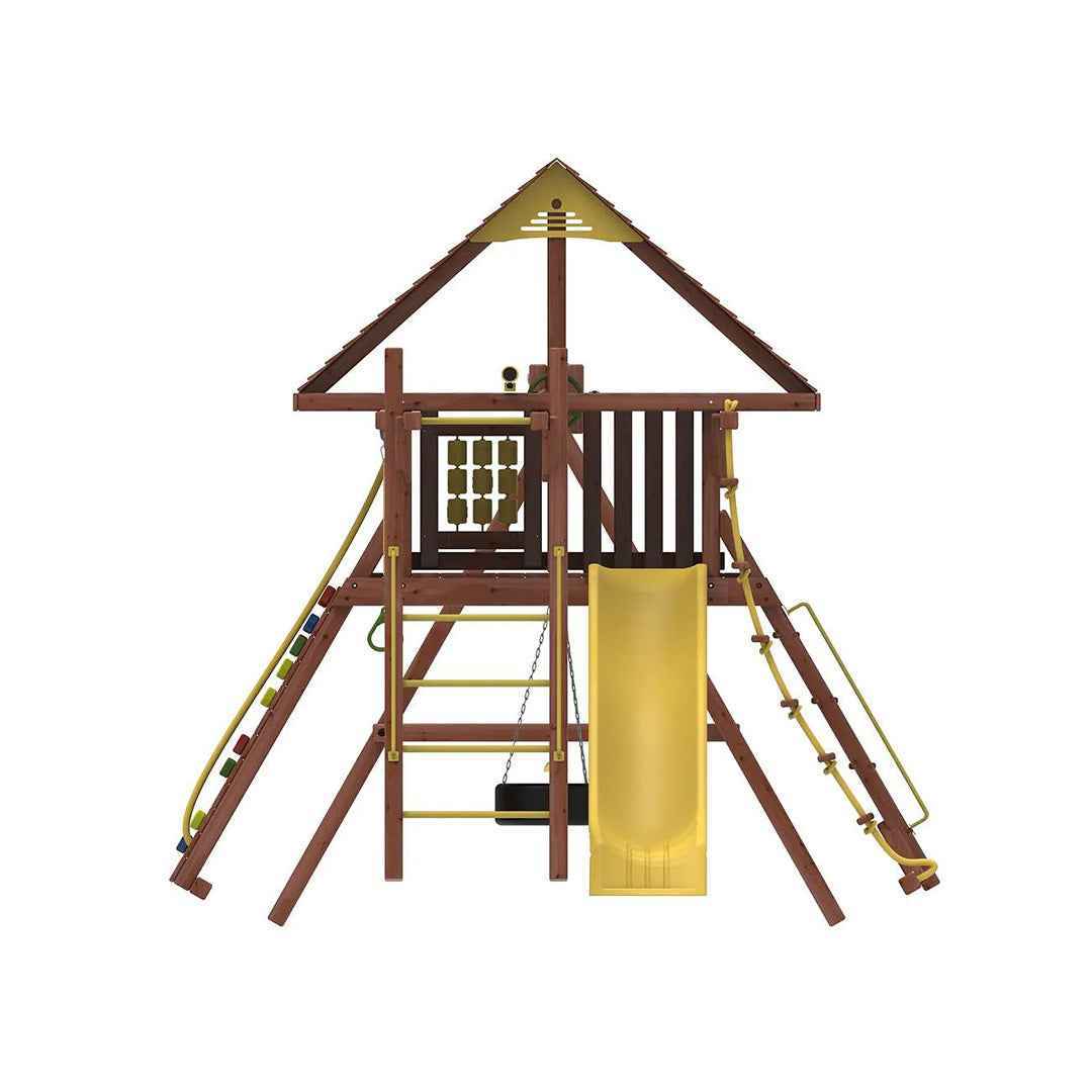Kiddoro Discovery Den Swing Set | Wooden Outdoor Playground with Monkey Bars