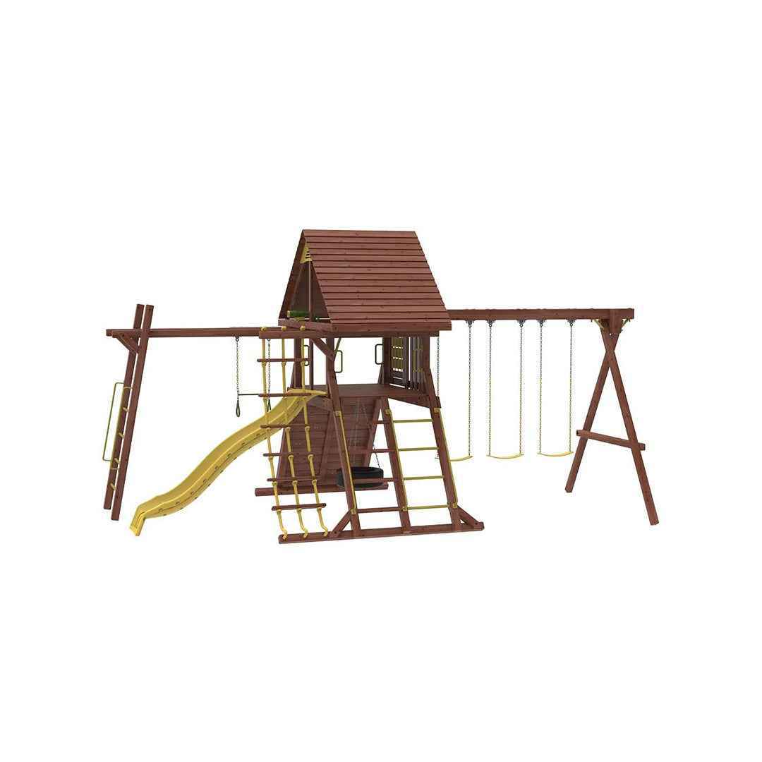 Kiddoro Discovery Den Swing Set | Wooden Outdoor Playground with Monkey Bars