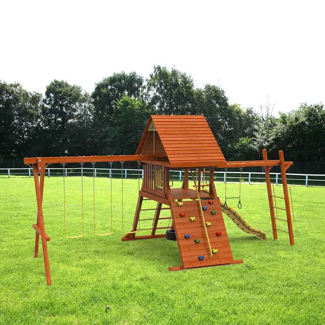 Kiddoro Discovery Den Swing Set | Wooden Outdoor Playground with Monkey Bars