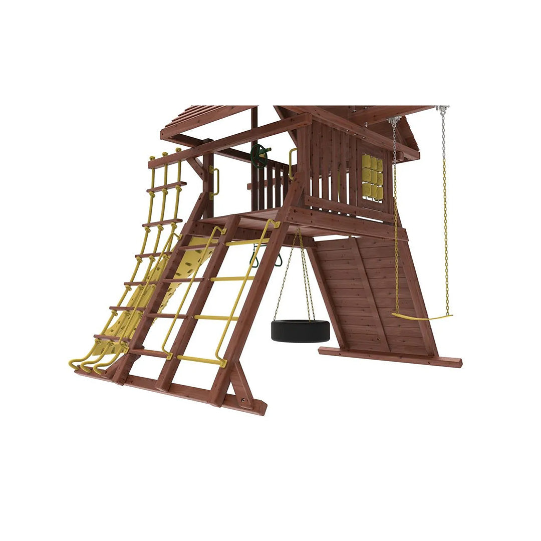 Kiddoro Discovery Den Swing Set | Wooden Outdoor Playground with Tire Swing