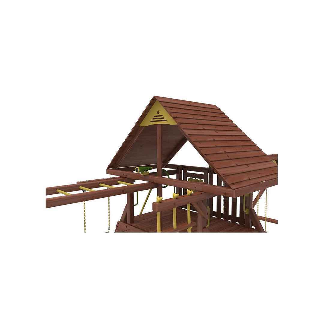 Kiddoro Discovery Den Swing Set | Wooden Outdoor Playground with Monkey Bars
