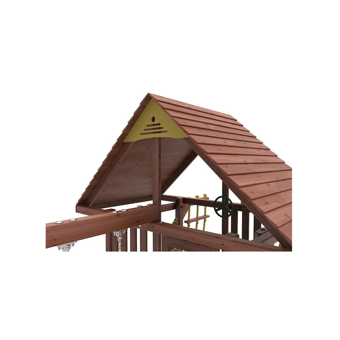 Kiddoro Discovery Den Swing Set | Wooden Outdoor Playground with Tire Swing