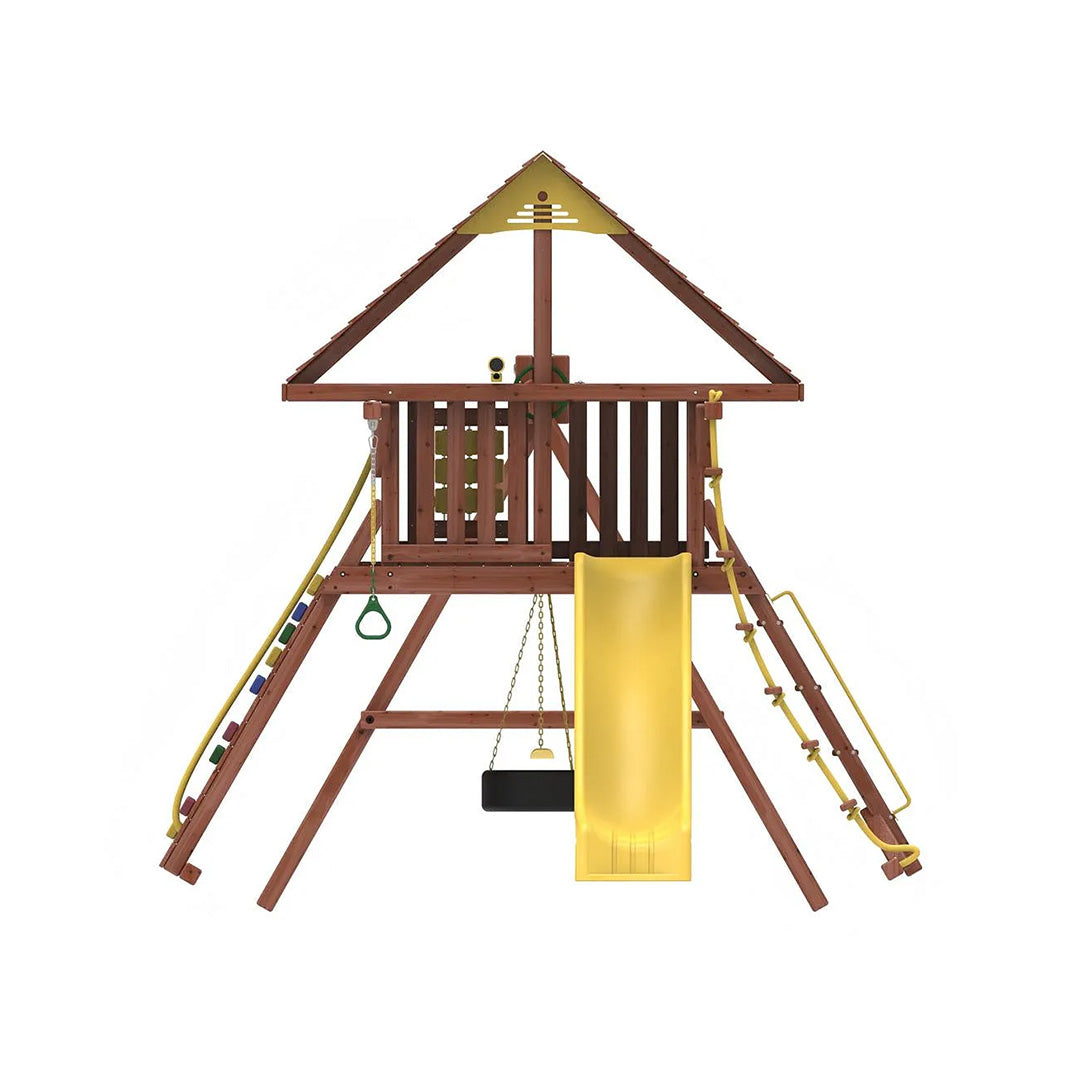 Kiddoro Discovery Den Swing Set | Wooden Outdoor Playground with Tire Swing