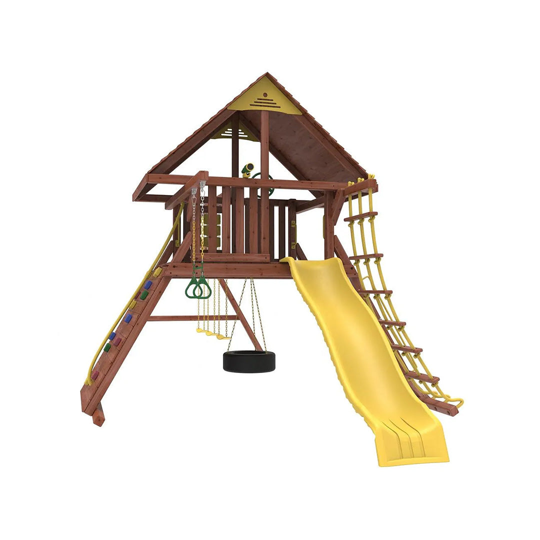 Kiddoro Discovery Den Swing Set | Wooden Outdoor Playground with Tire Swing