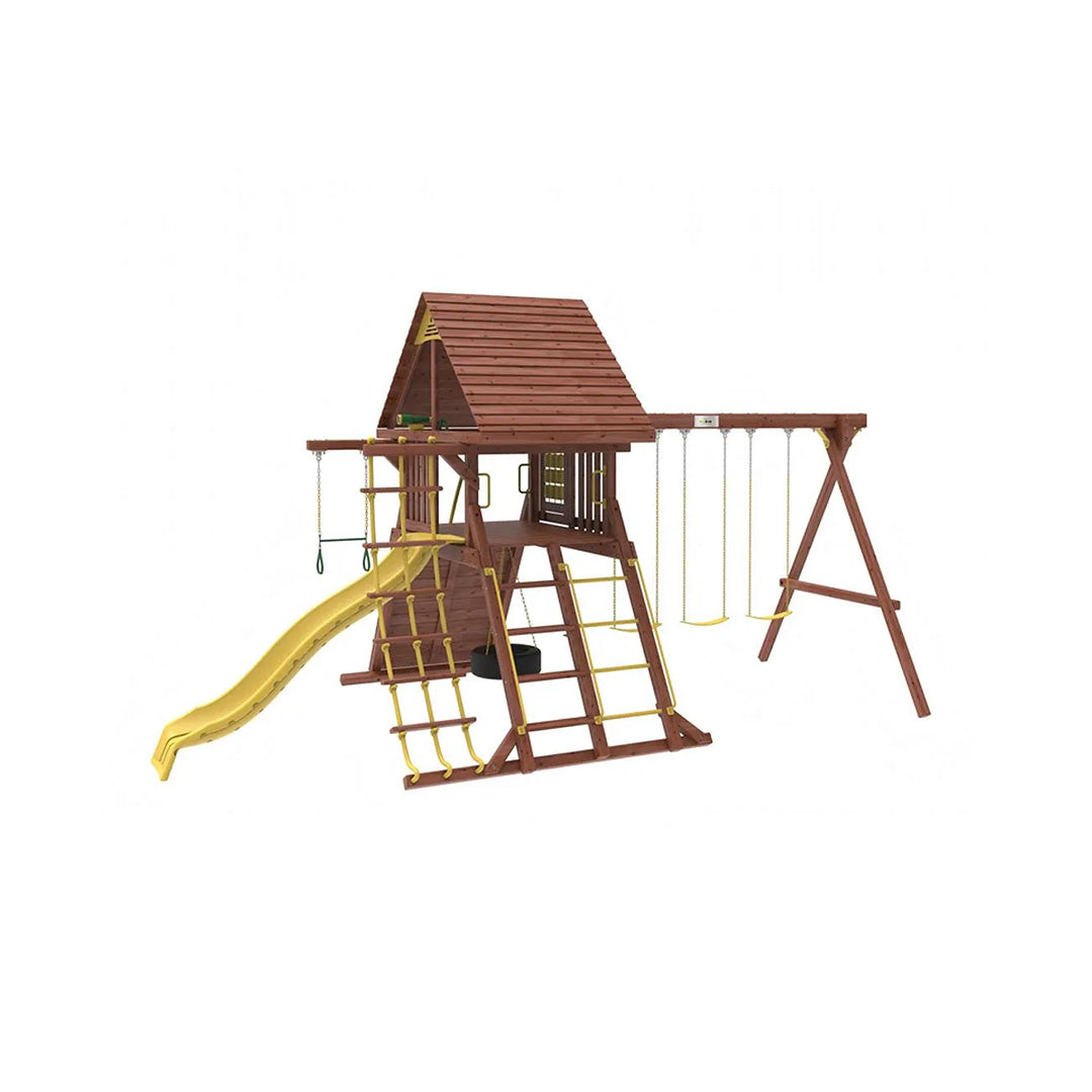 The Kiddoro Discovery Den Wooden Swing Set, showcasing the full structure
