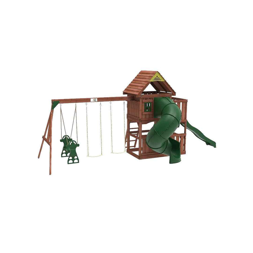 Kiddoro Little Heroes HQ Swing Set | Wooden Outdoor Playground with Tube Slide