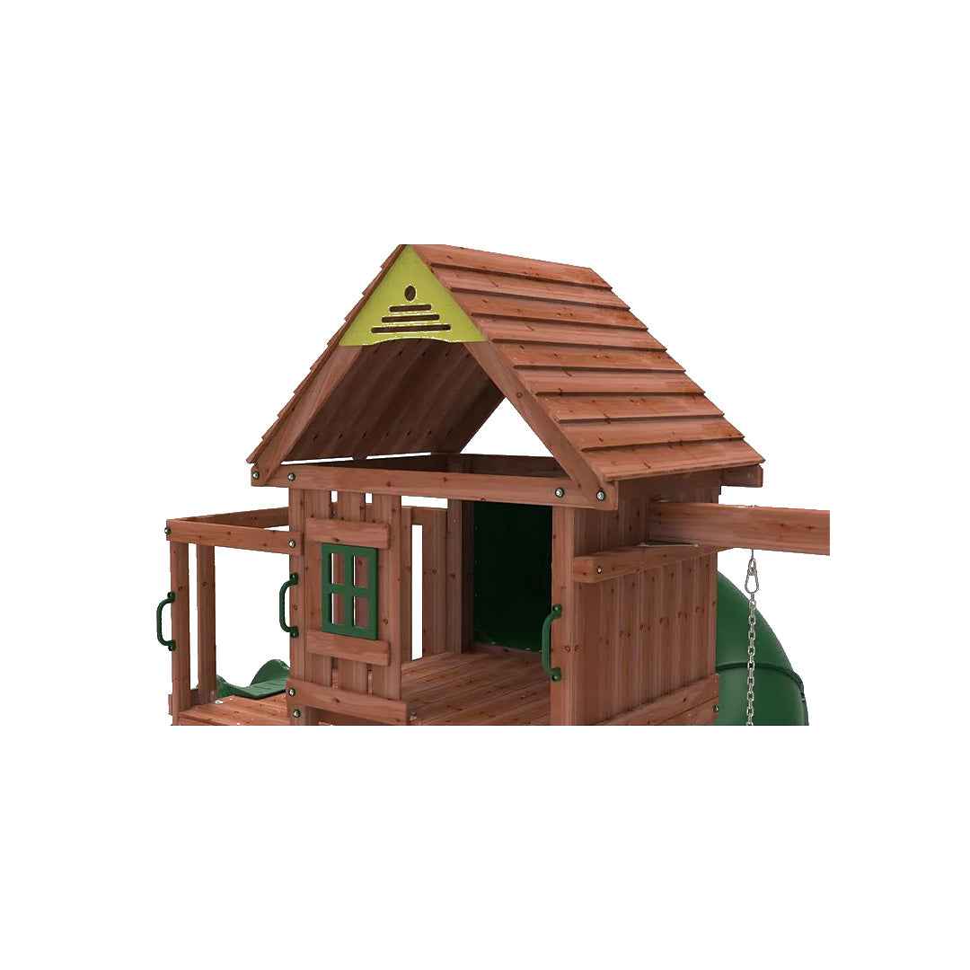 Kiddoro Little Heroes HQ Swing Set | Wooden Outdoor Playground with Tube Slide 