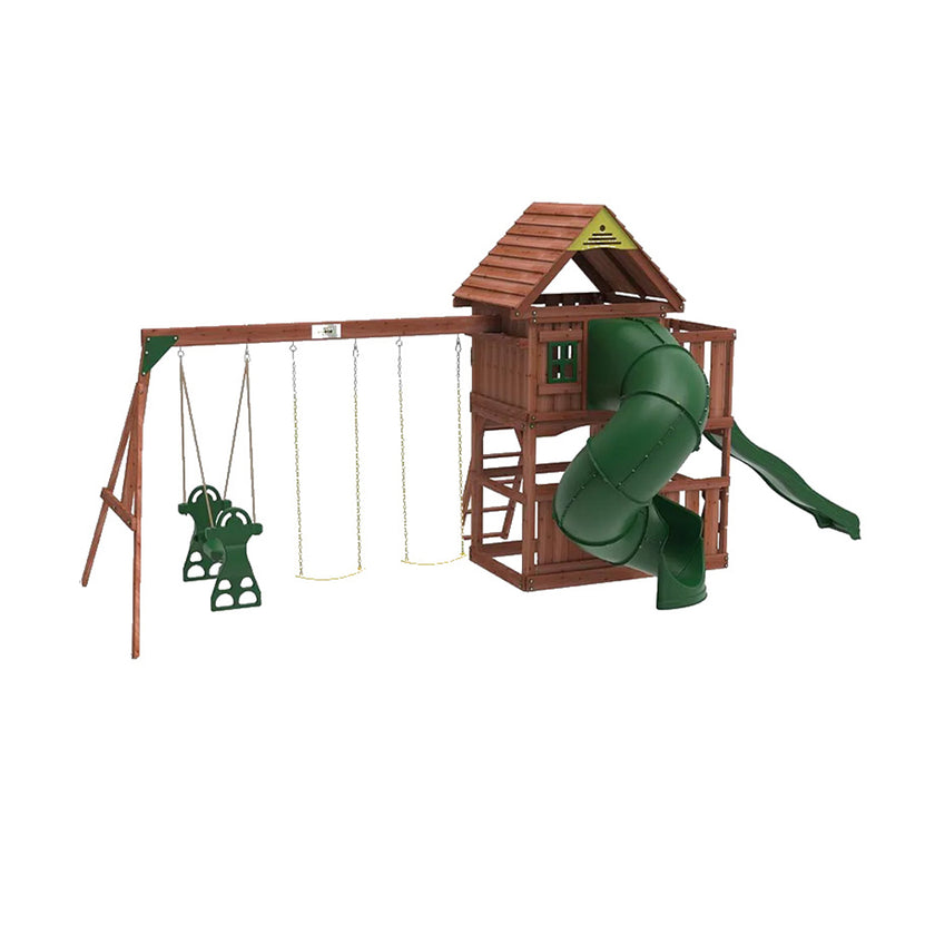Kiddoro Little Heroes HQ Swing Set | Wooden Outdoor Playground with Tube Slide