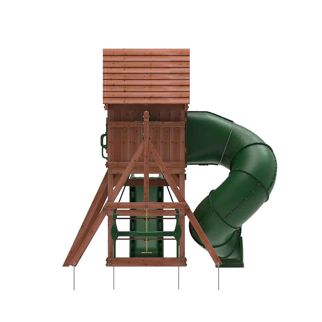 Kiddoro Little Heroes HQ Swing Set | Wooden Outdoor Playground with Tube Slide