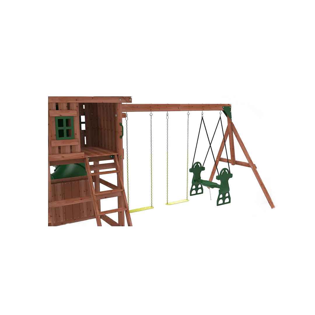Kiddoro Little Heroes HQ Swing Set | Wooden Outdoor Playground with Tube Slide