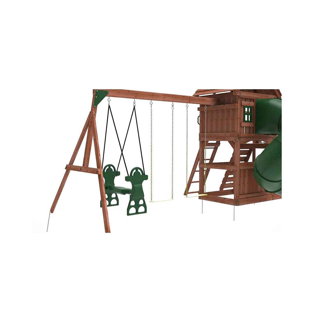 Kiddoro Little Heroes HQ Swing Set | Wooden Outdoor Playground with Tube Slide