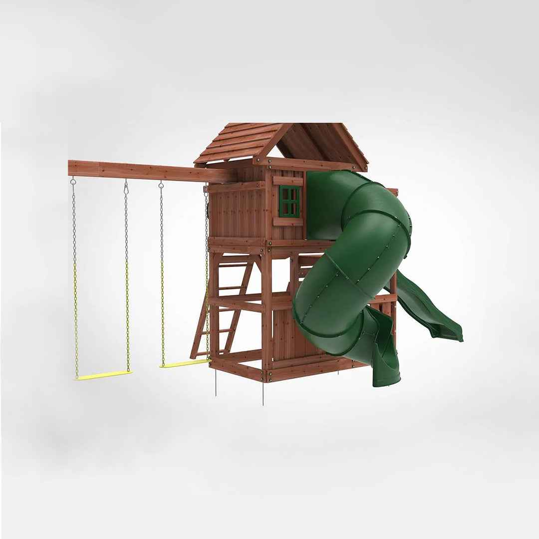 Kiddoro Little Heroes HQ Swing Set | Wooden Outdoor Playground with Tube Slide