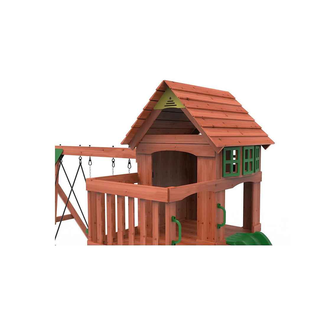 Kiddoro Playful Peaks Swing Set | Wooden Treehouse Outdoor Playground