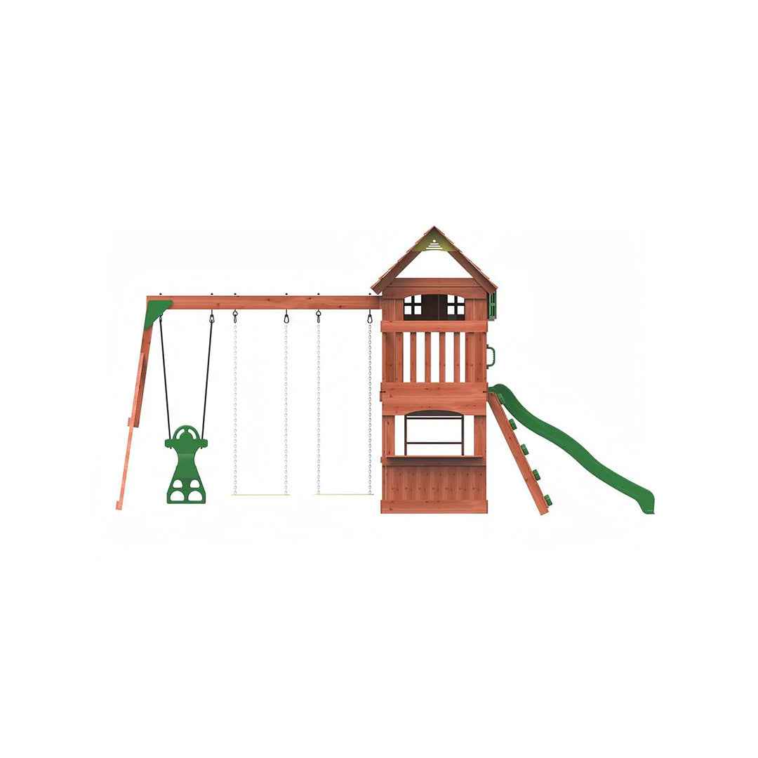Kiddoro Playful Peaks Swing Set | Wooden Treehouse Outdoor Playground