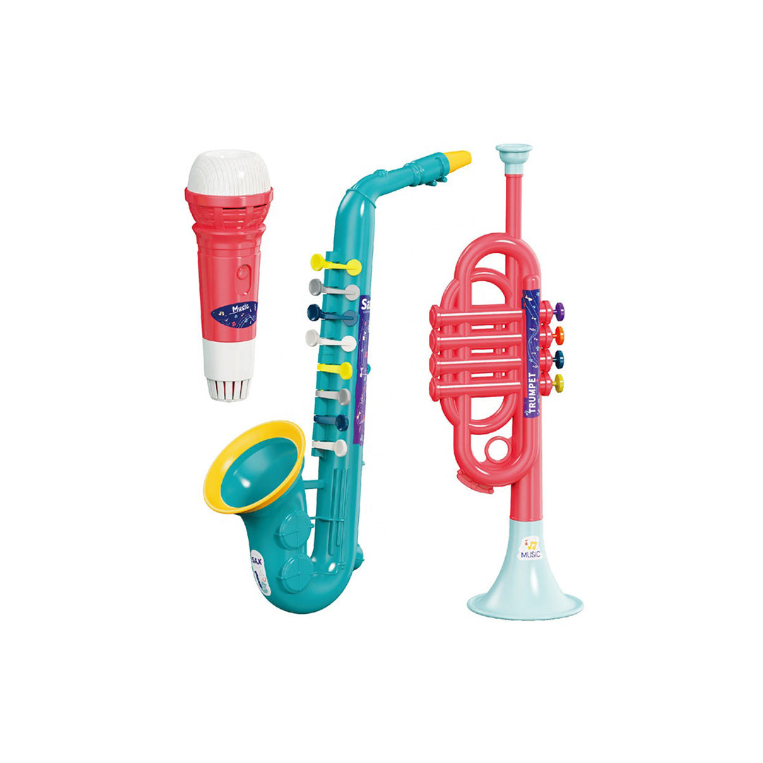 The complete Kids Play Music Kit set (Saxophone, Trumpet, Mic) in its packaging or laid out
