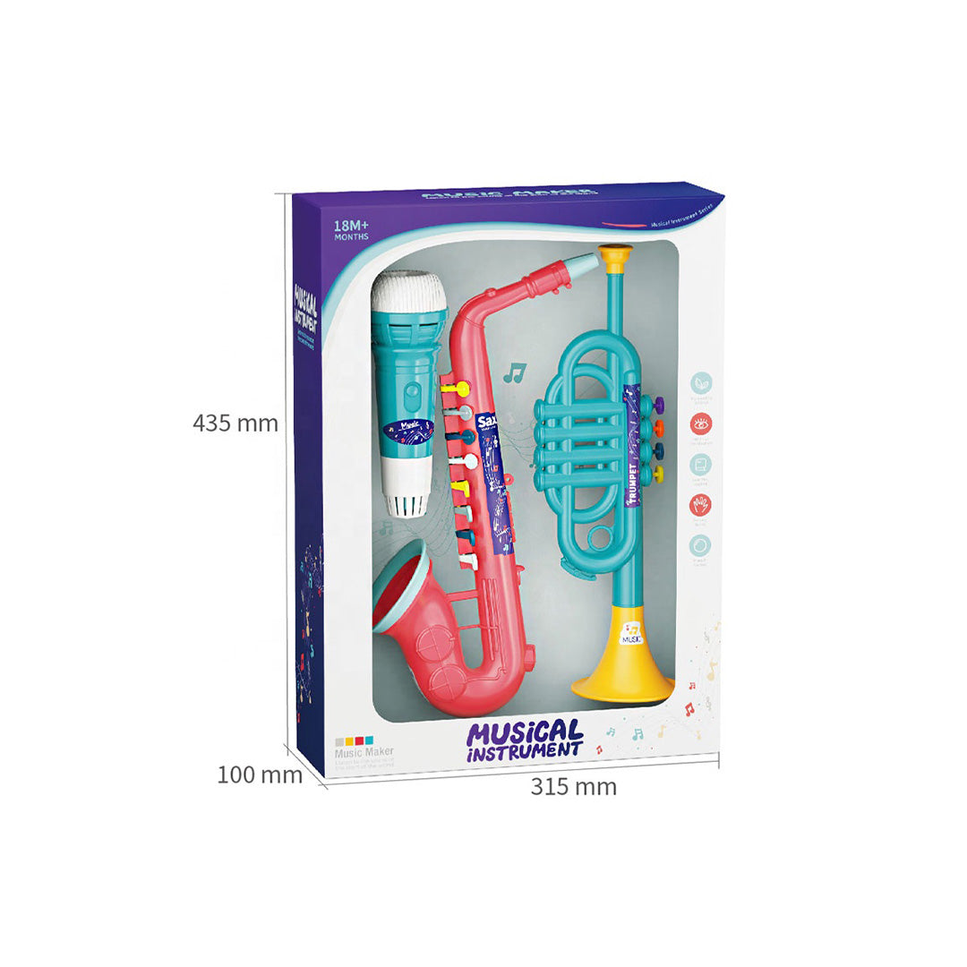 Kids Play Music Kit: Plastic Toy Saxophone, Trumpet, & Echo Mic
