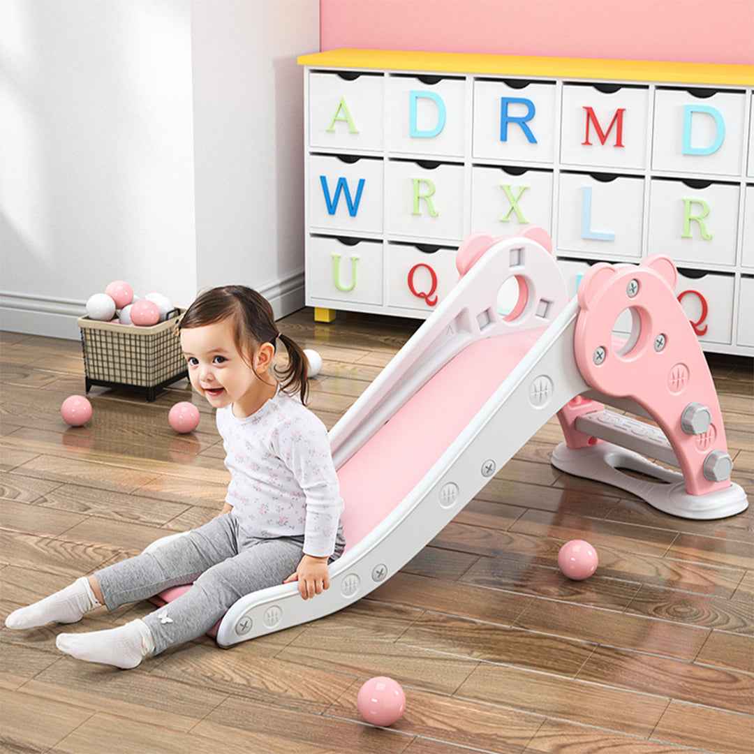 Kids Slide with Circle Game | Foldable Indoor Bear Pink Plastic Slide for Toddlers
