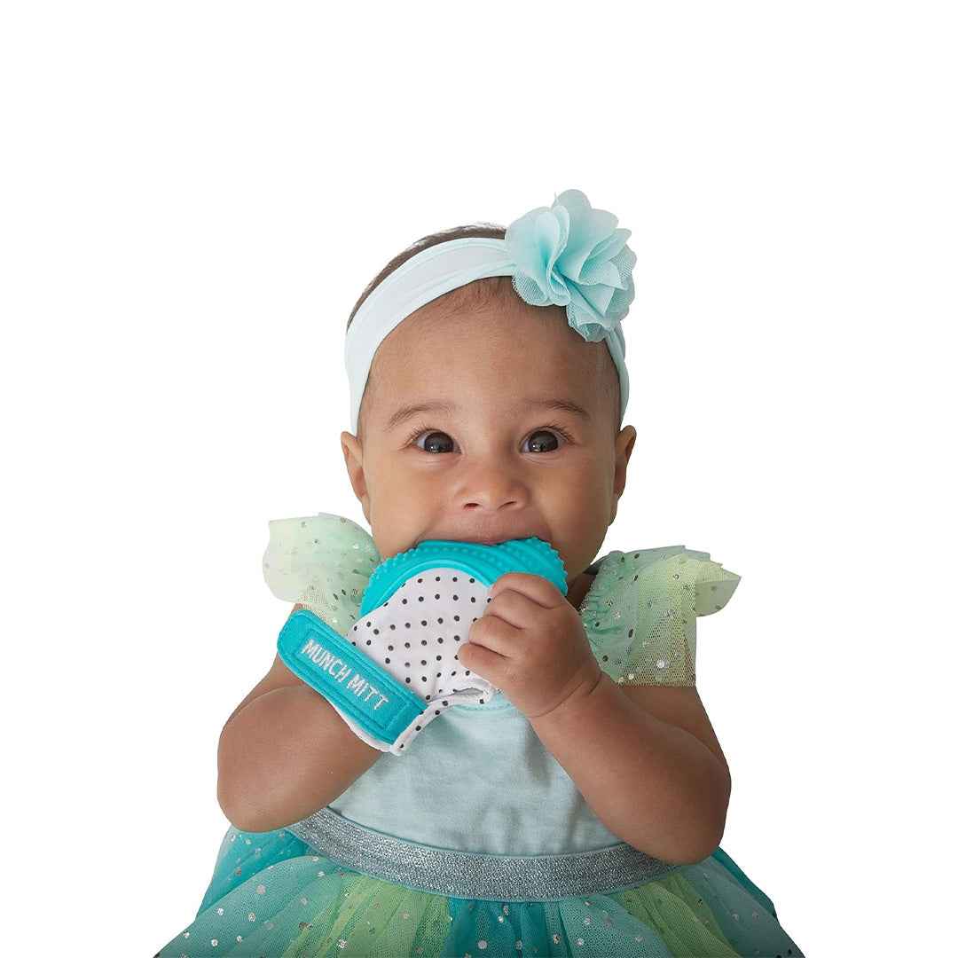 Malarkey Kids Munch Mitt Teething Mitten – Aqua Blue Polka Dots