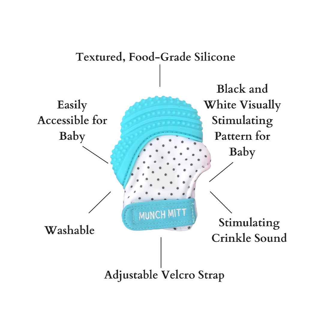 Malarkey Kids Munch Mitt Teething Mitten – Aqua Blue Polka Dots