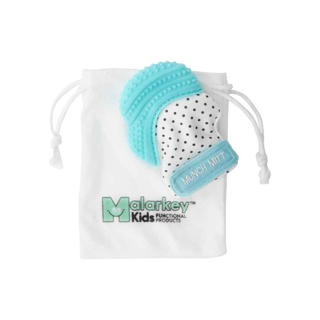 Malarkey Kids Munch Mitt Teething Mitten – Aqua Blue Polka Dots