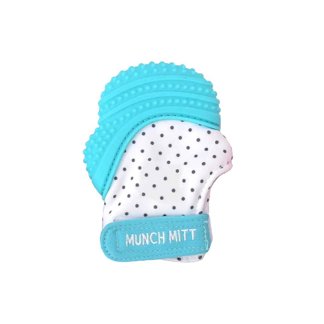 Malarkey Kids Munch Mitt Teething Mitten – Aqua Blue Polka Dots