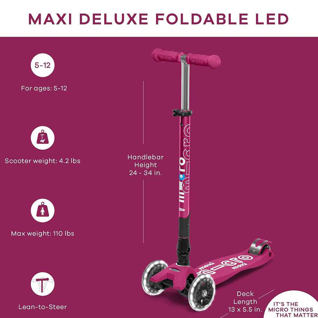 Micro Maxi Deluxe Foldable LED Scooter - Berry Red | Premium Kick Scooter for Kids 5+