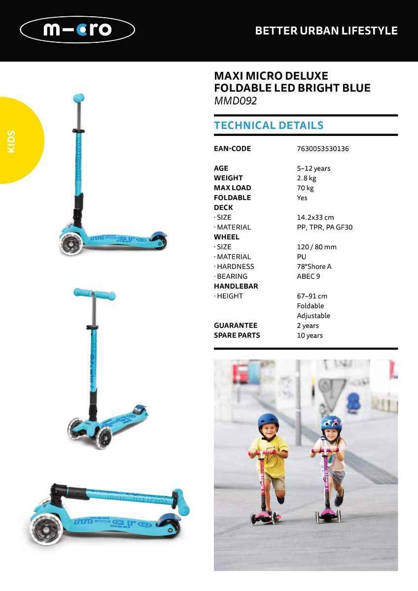 Micro Maxi Deluxe Foldable Scooter with LED Wheels - Bright Blue