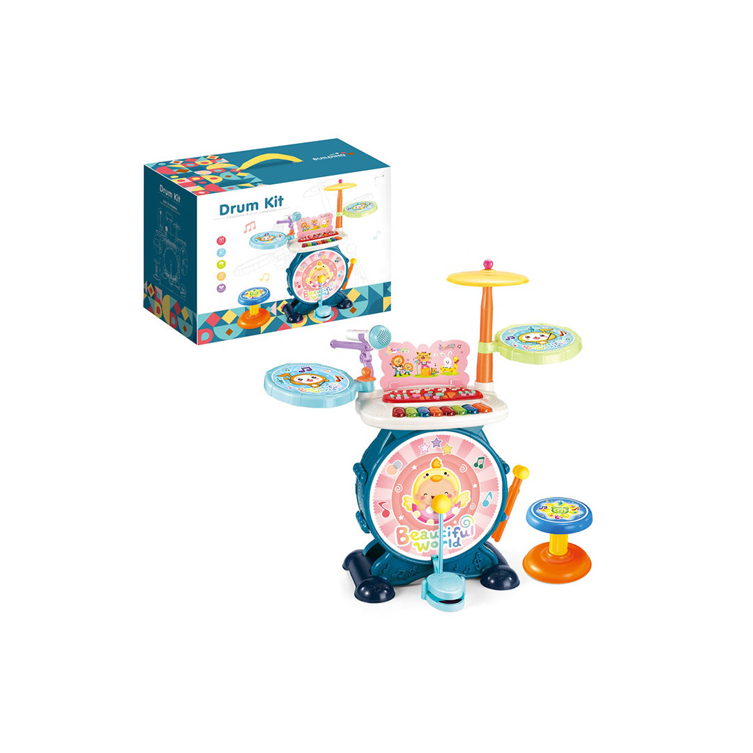 The MULTI-FUNCTIONAL DRUM TOY SET WITH CHAIR fully assembled, highlighting all components
