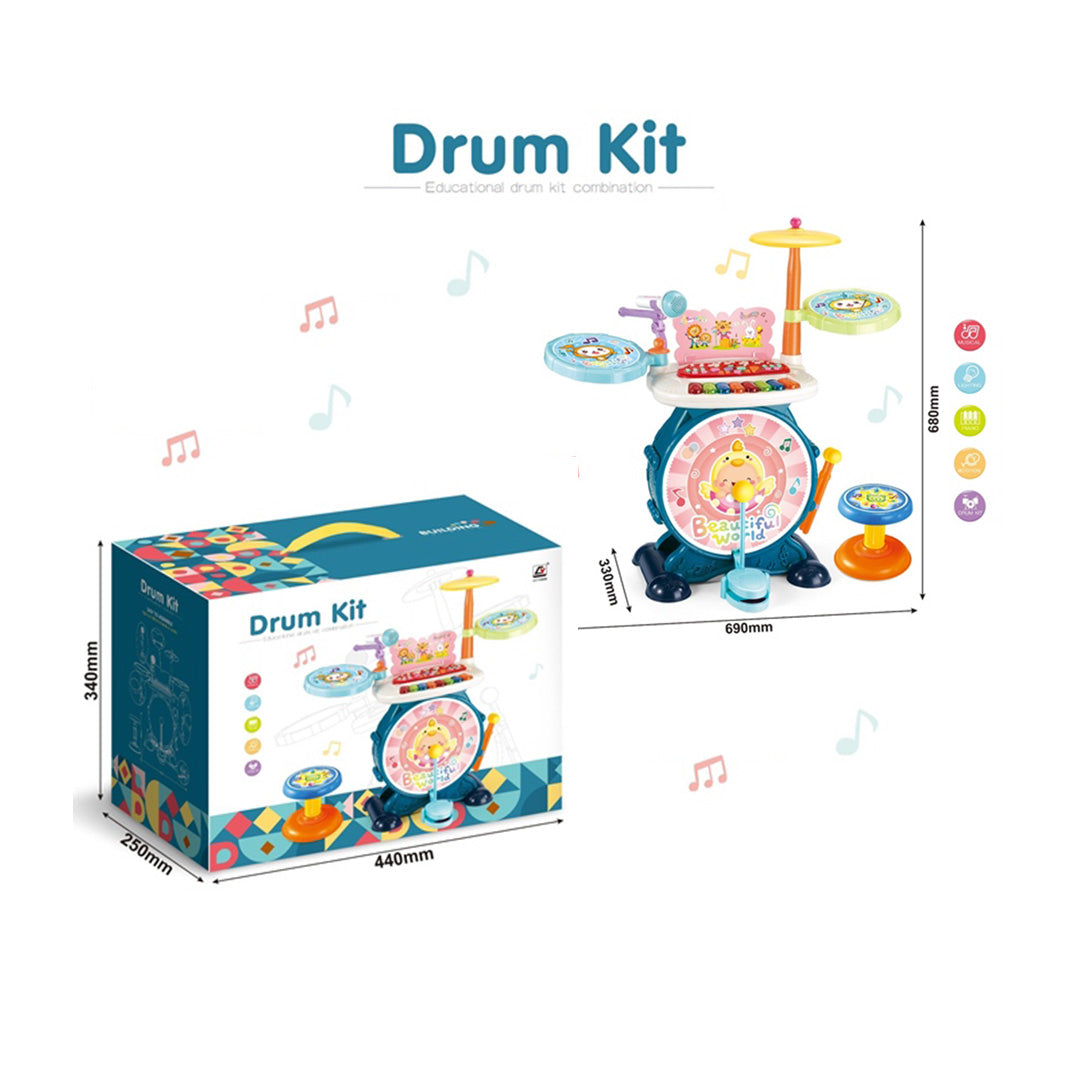 The MULTI-FUNCTIONAL DRUM TOY SET WITH CHAIR fully assembled, highlighting all components
