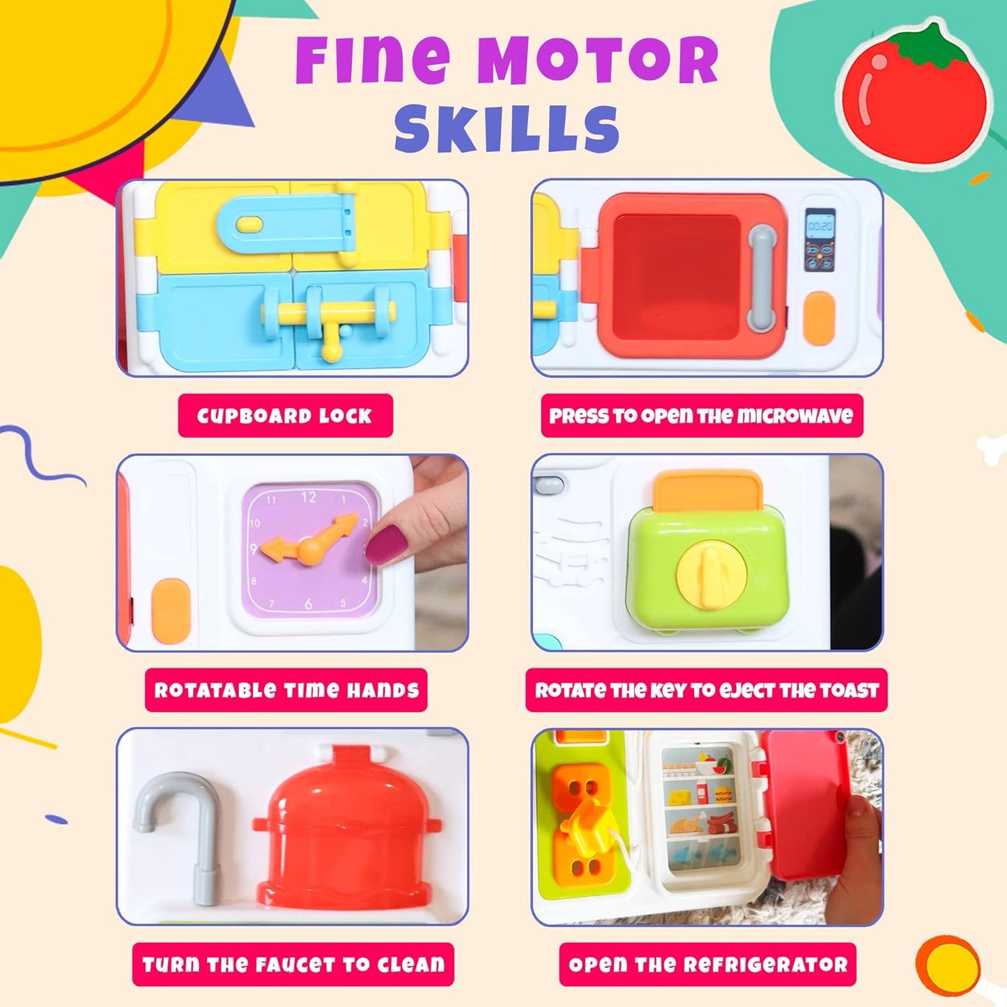 Close-up of the musical elements and kitchen utensils on the toy.