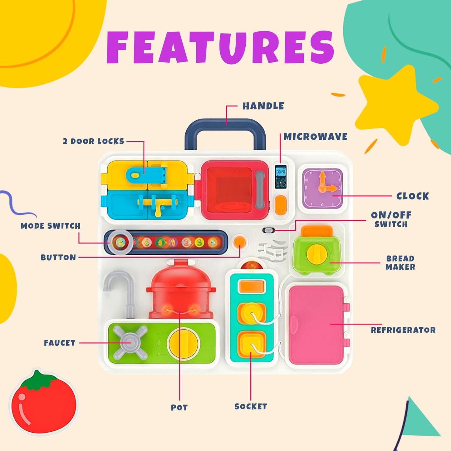 Close-up of the musical elements and kitchen utensils on the toy.