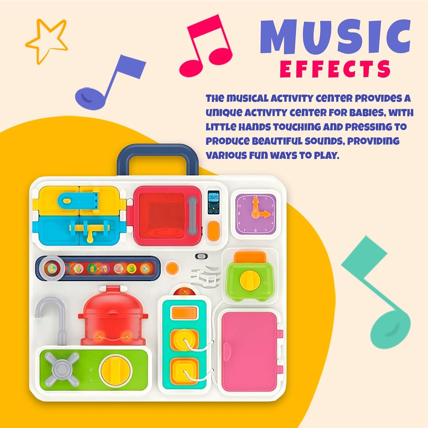 Musical Kitchen Busy Board with various interactive elements.