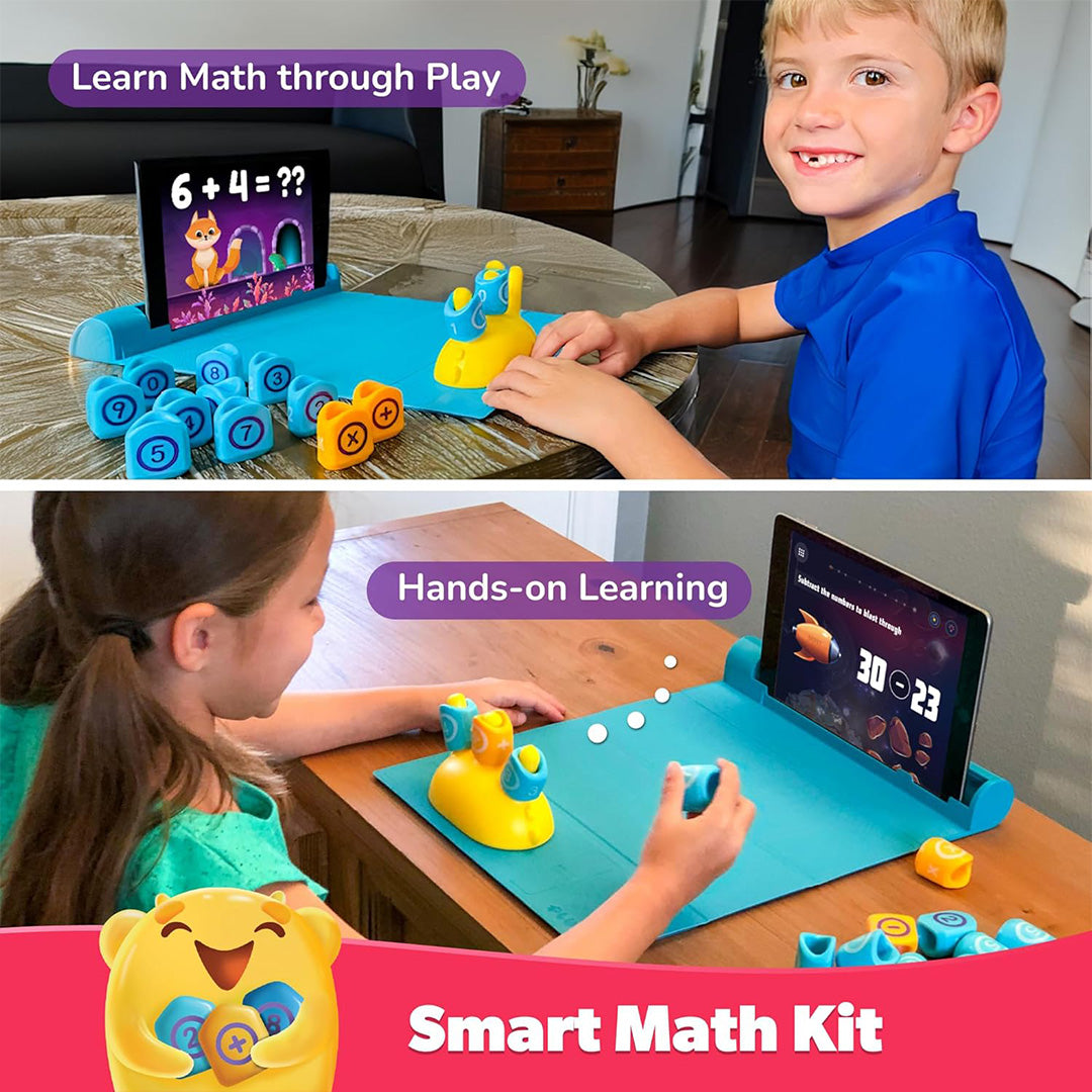 Child using activity toys magnetic blocks and AR gamepad for learning.
