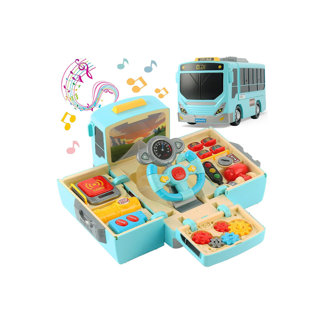 Simulation steering wheel driving bus toy with music and lights for kids.
